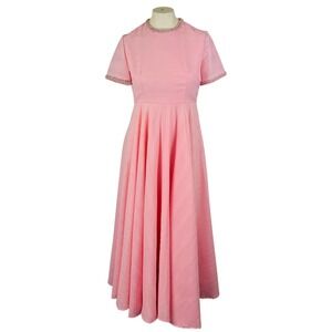 Vintage 60s Pink Maxi Dress Faux Pearl Trim Short Sleeve Retro Evening Prom Gown